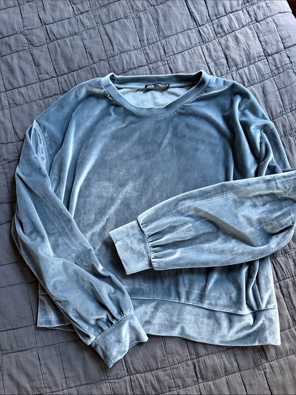 Zara Dusty Blue/silver Velour Crewneck Sweatshirt